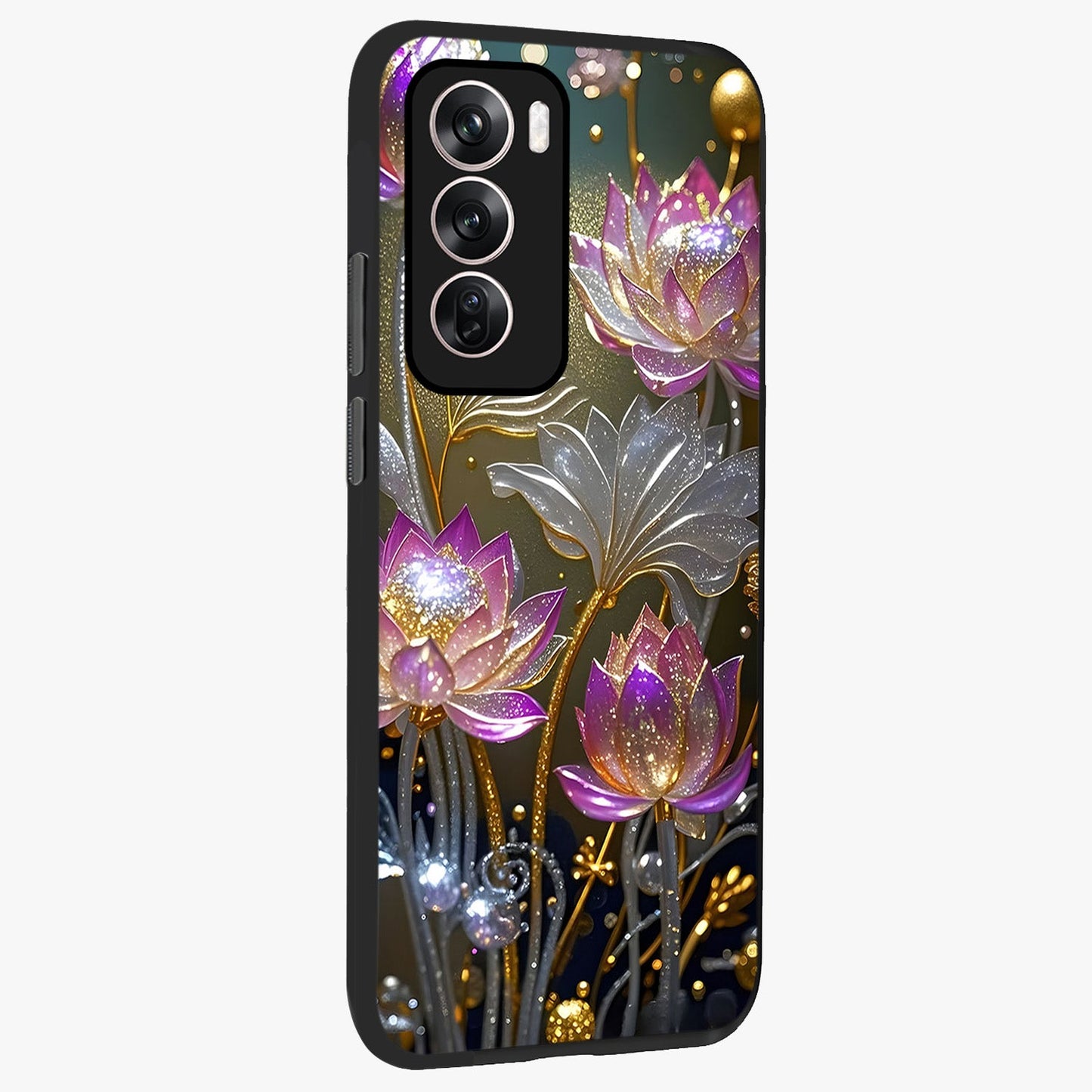 Golden Floral Majesty Glass Case upright view showcasing majestic floral artwork with rich decorative theme.