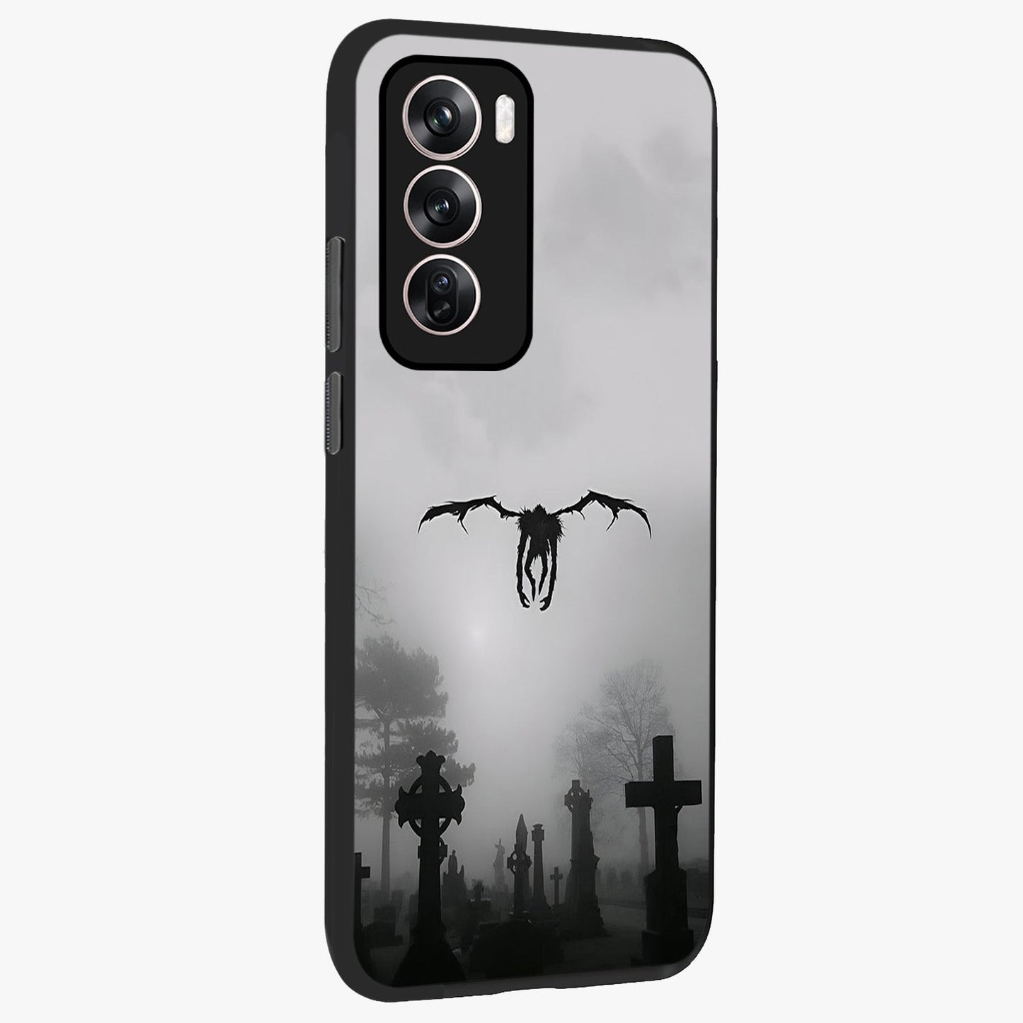 Graveyard Shadow Descent Glass Case upright view showcasing haunting graveyard artwork with dramatic dark theme.
