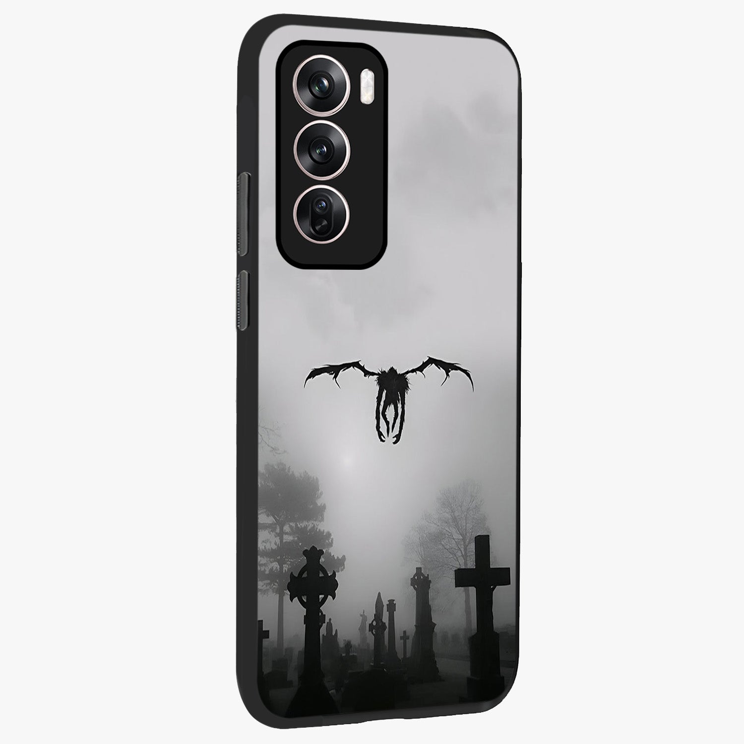 Graveyard Shadow Descent Glass Case upright view showcasing haunting graveyard artwork with dramatic dark theme.
