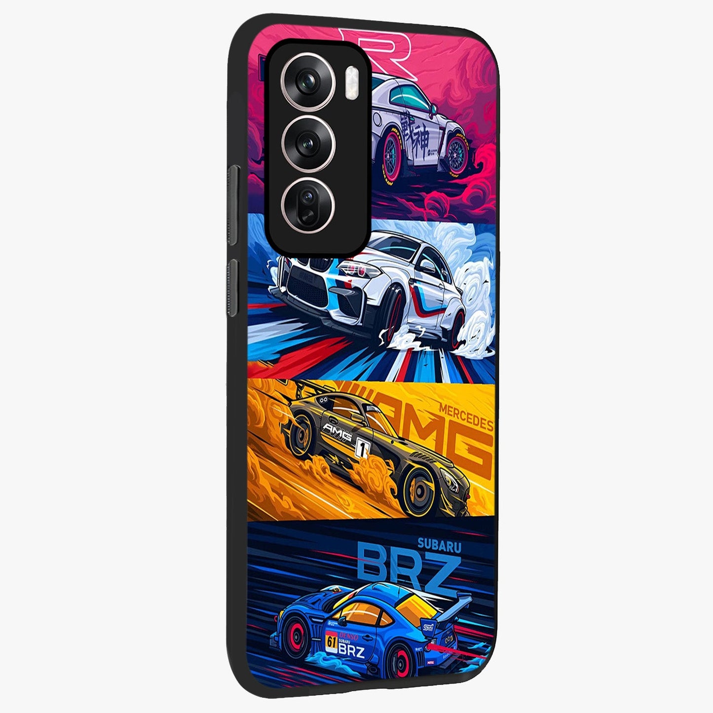 JDM Sports Car Glass Case upright view showcasing dynamic sports car artwork with bold racing theme.