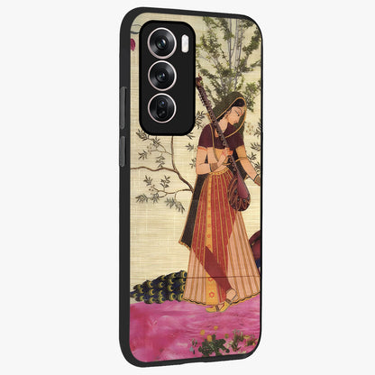 Lady With Veena Art Glass Case upright view showcasing classical veena artwork with traditional artistic theme.