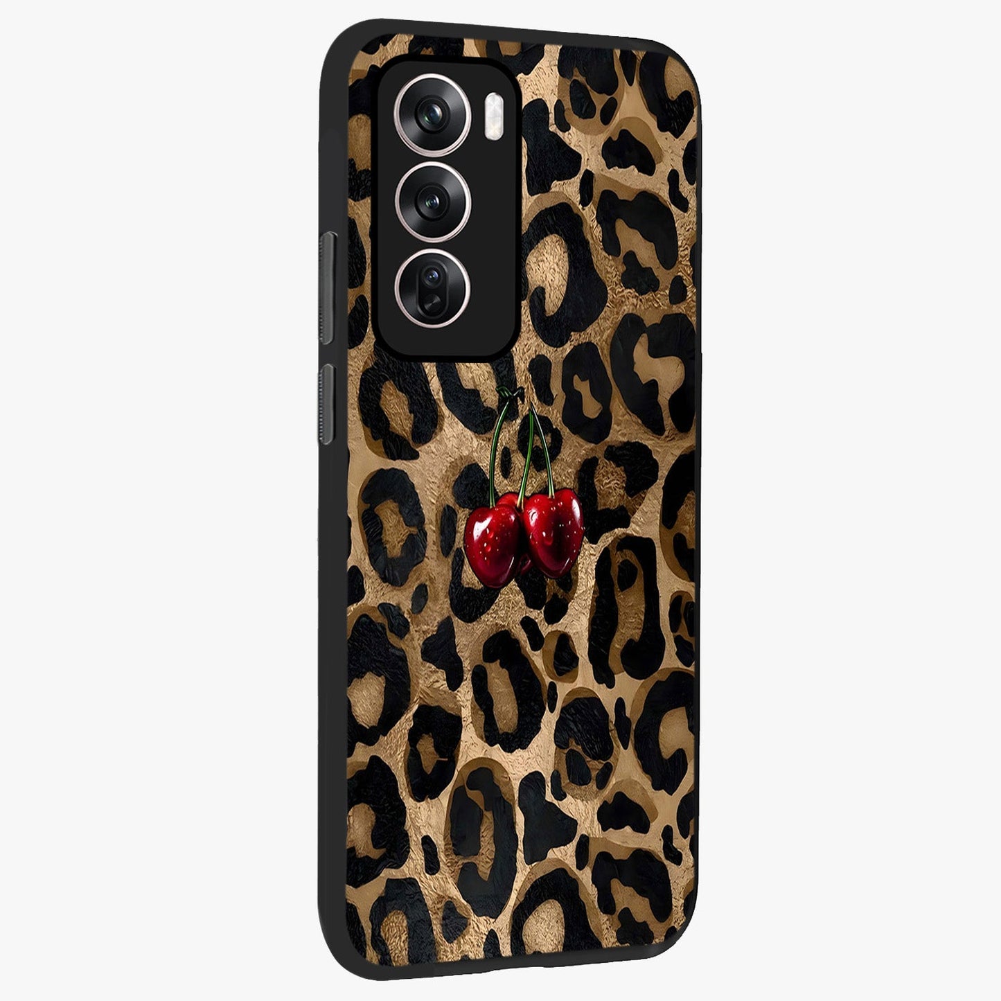 Leopard Wild Cherry Glass Case upright view showcasing stylish leopard pattern artwork with trendy fashion theme.