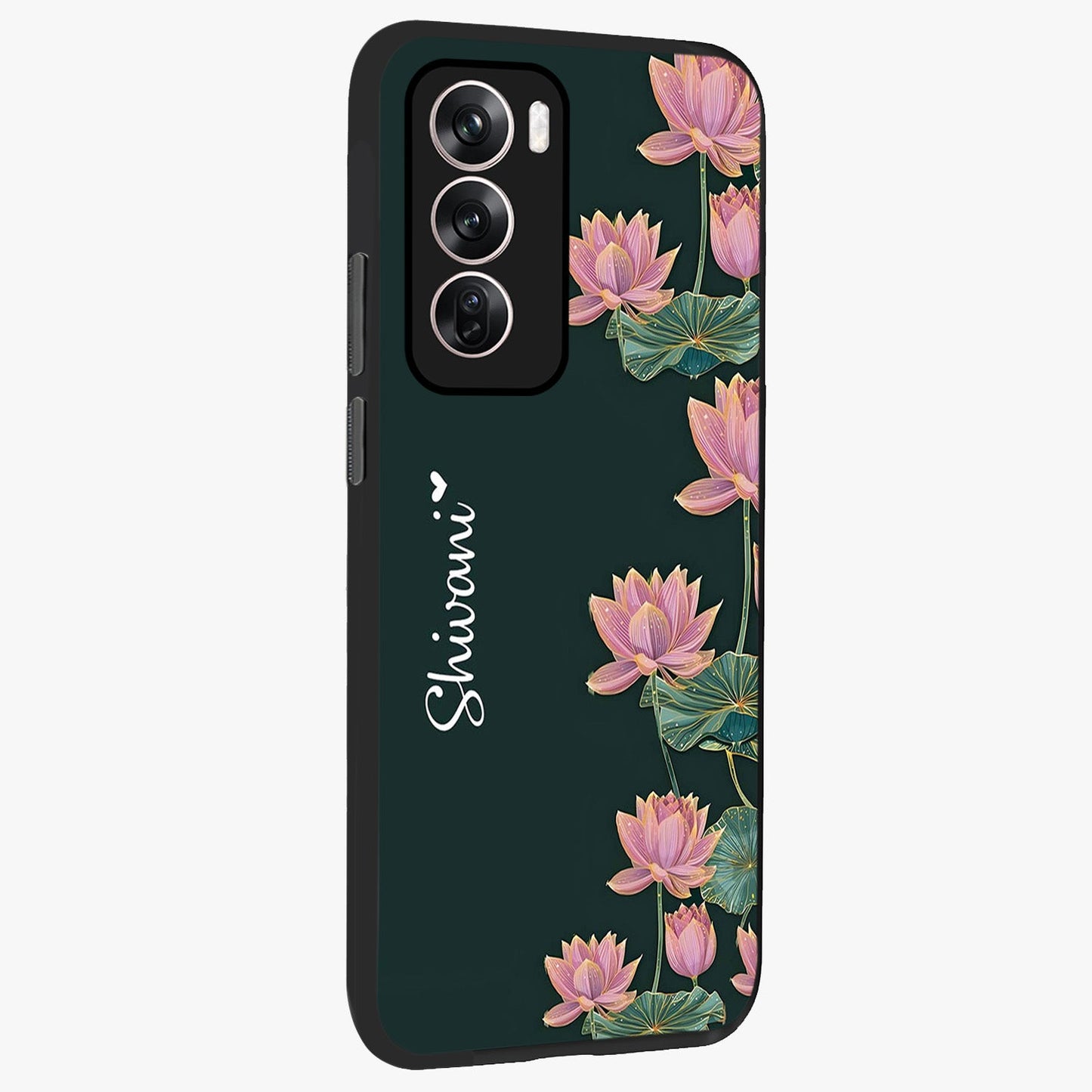 Lotus Bloom Serenity Custom Name Glass Case upright view showcasing serene lotus bloom artwork with personalized floral aesthetic.