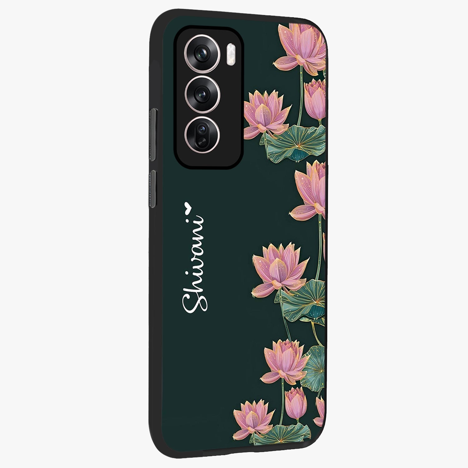 Lotus Bloom Serenity Custom Name Glass Case upright view showcasing serene lotus bloom artwork with personalized floral aesthetic.
