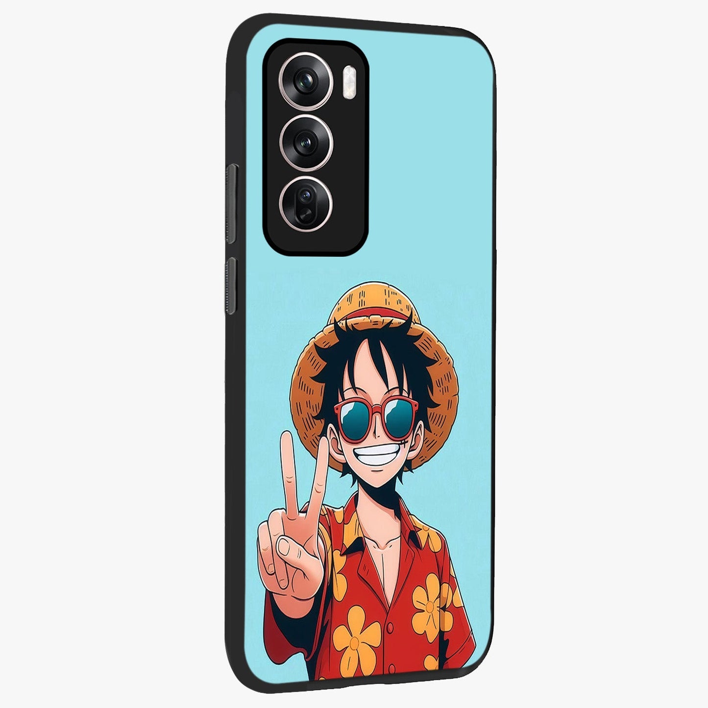 Luffy Summer Anime Vibe Glass Case upright view showcasing dynamic anime artwork with bright adventurous theme.