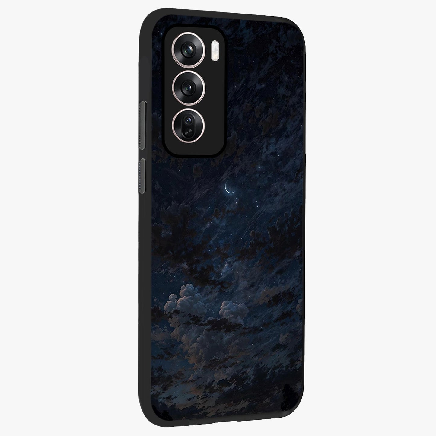Lunar Veil Silence Glass Case upright view showcasing calm moon themed artwork with serene night atmosphere.