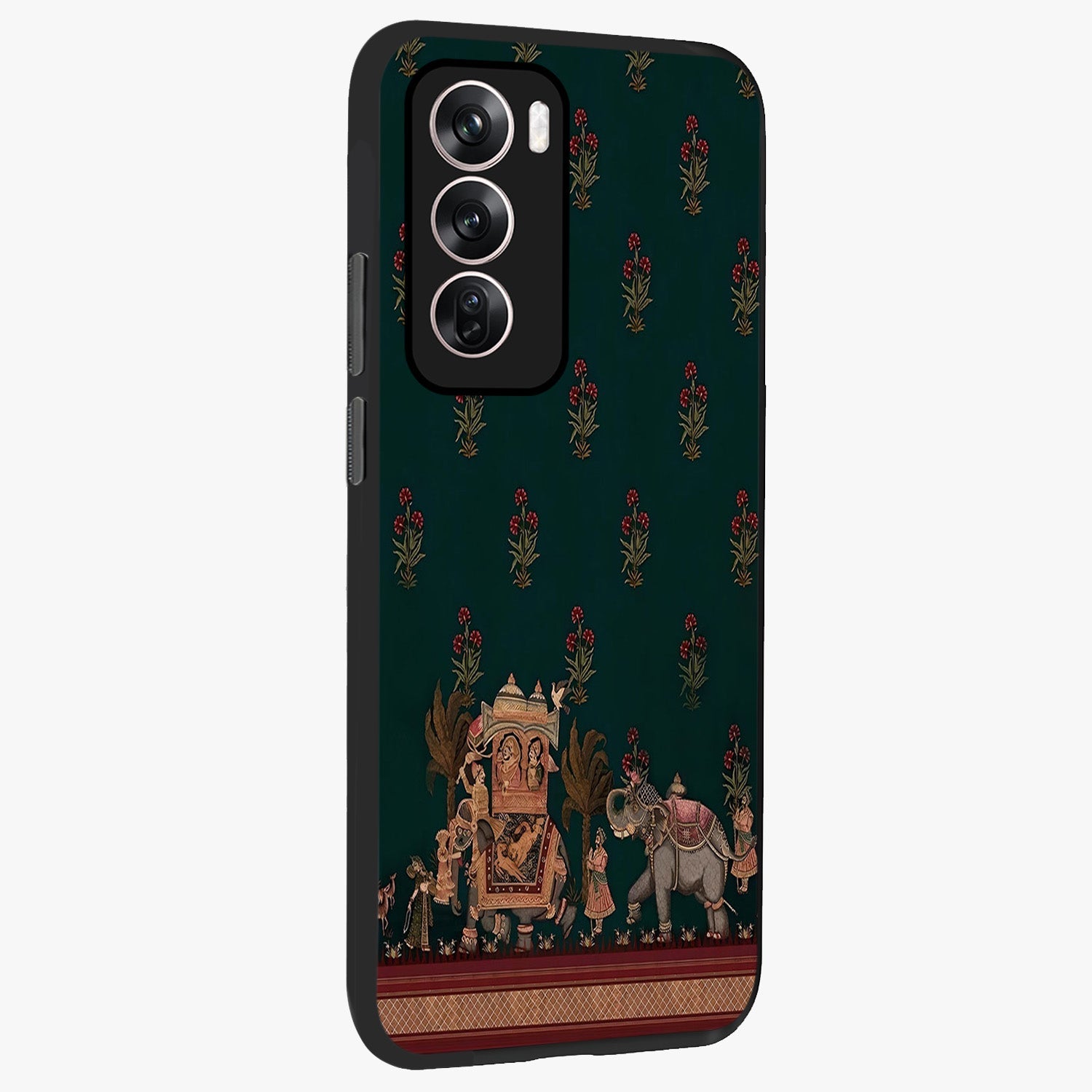 Macmerise Glass Case upright view showcasing bold artistic artwork with contemporary design theme.