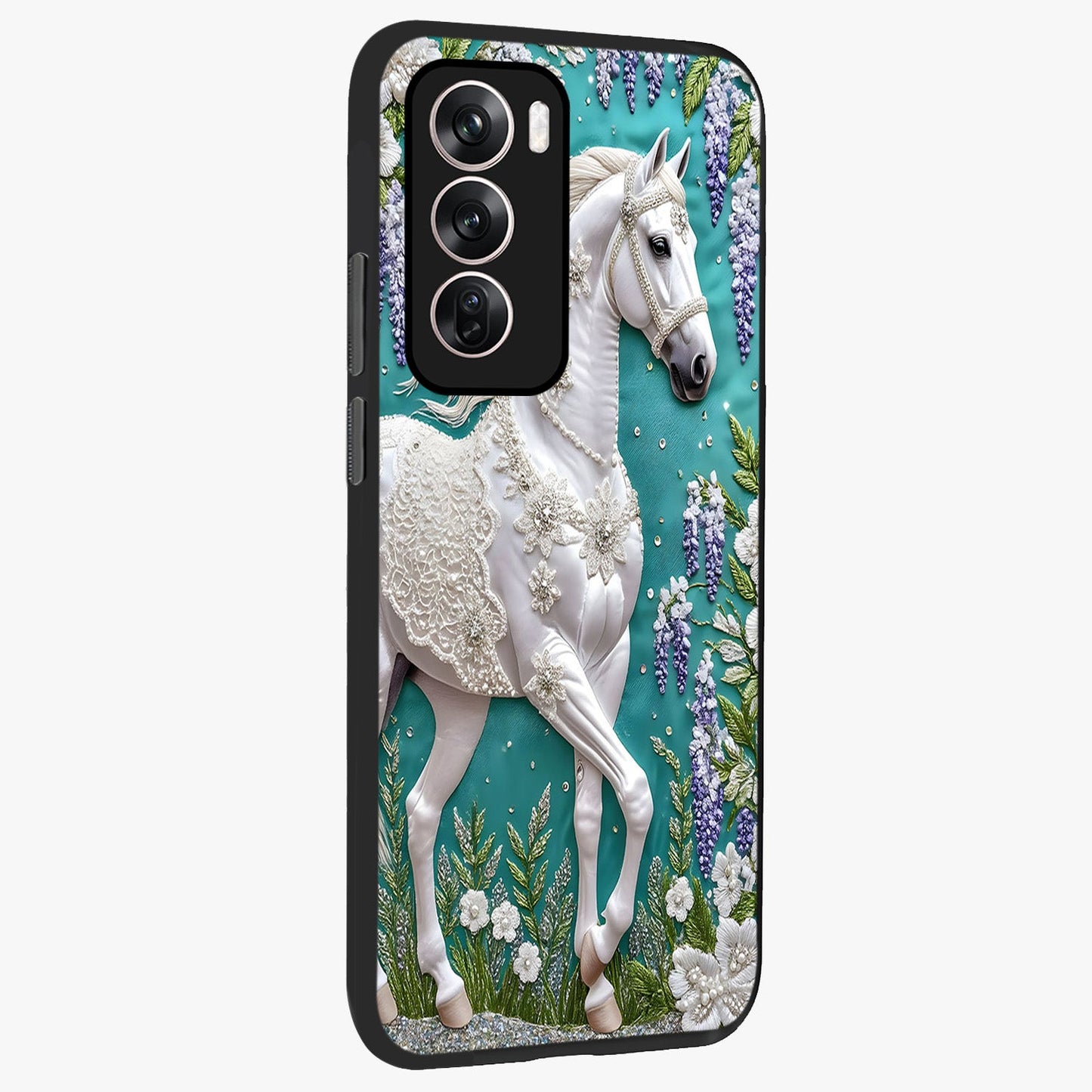 Majestic Floral Stallion Glass Case upright view showcasing dramatic horse artwork with decorative floral theme.