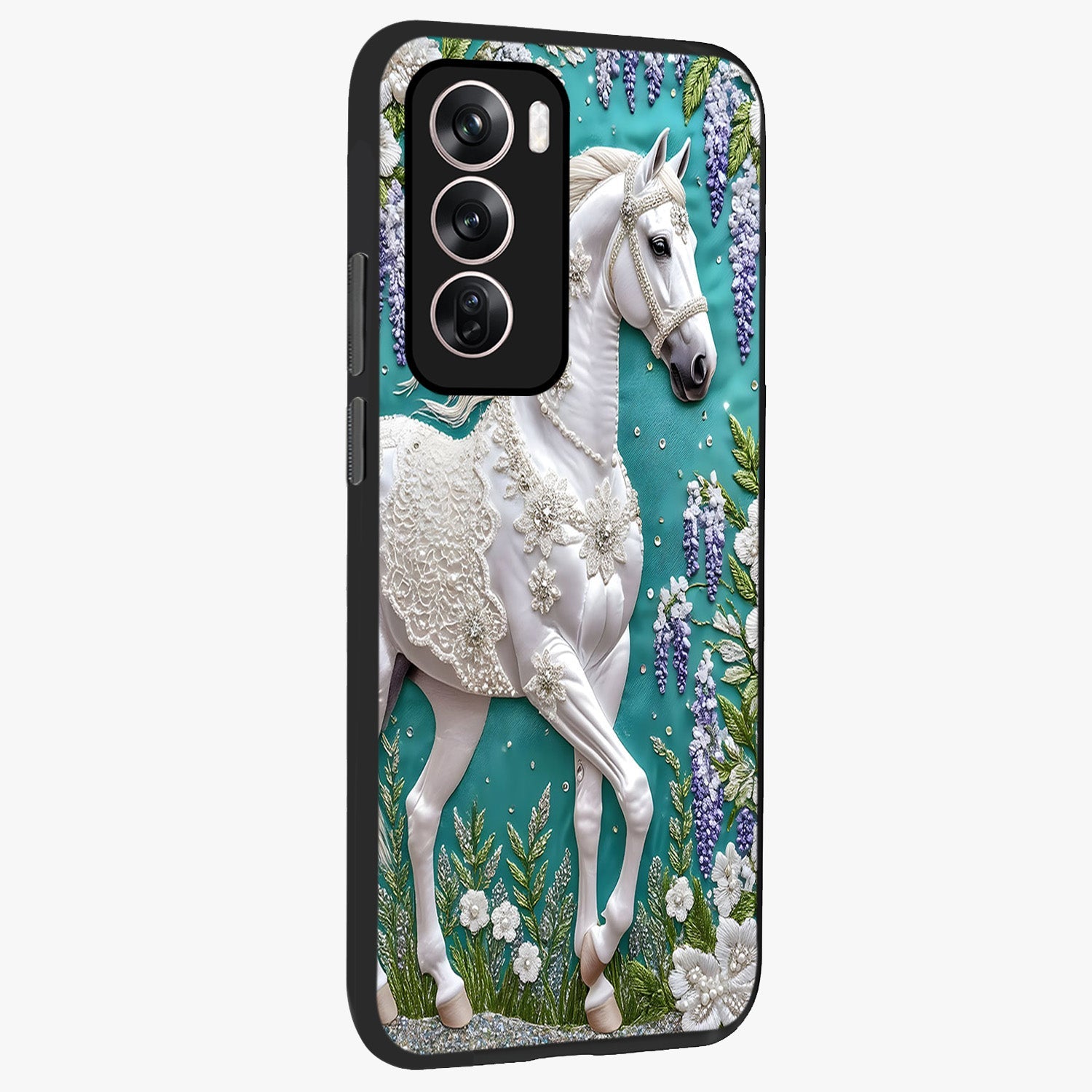 Majestic Floral Stallion Glass Case upright view showcasing dramatic horse artwork with decorative floral theme.