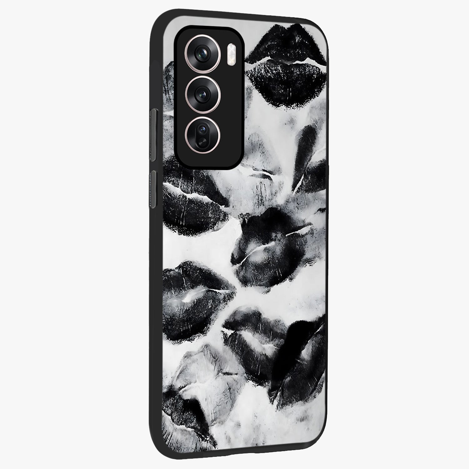 Midnight Kiss Marks Glass Case upright view showcasing stylish kiss mark artwork with trendy romantic theme.
