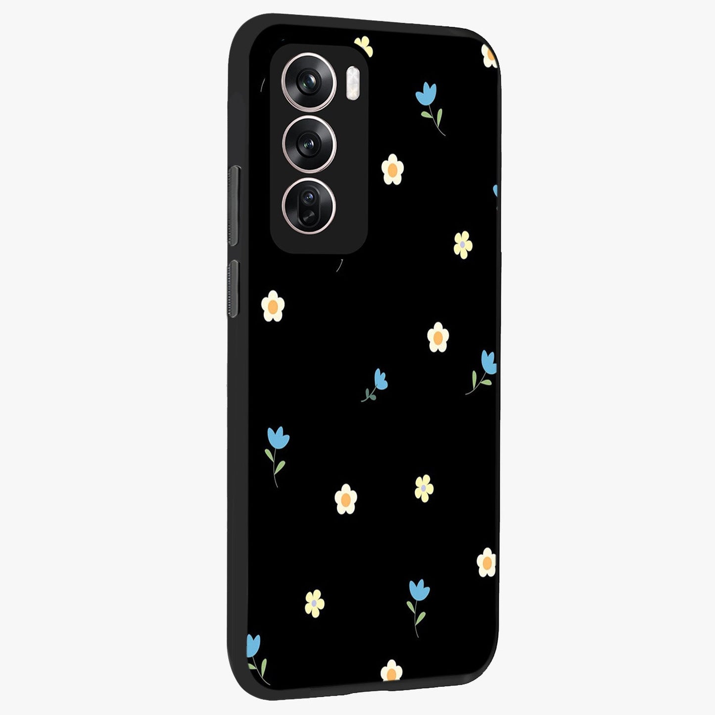 Minimal Petal Whispers Glass Case upright view showcasing elegant floral artwork with modern minimalist style.