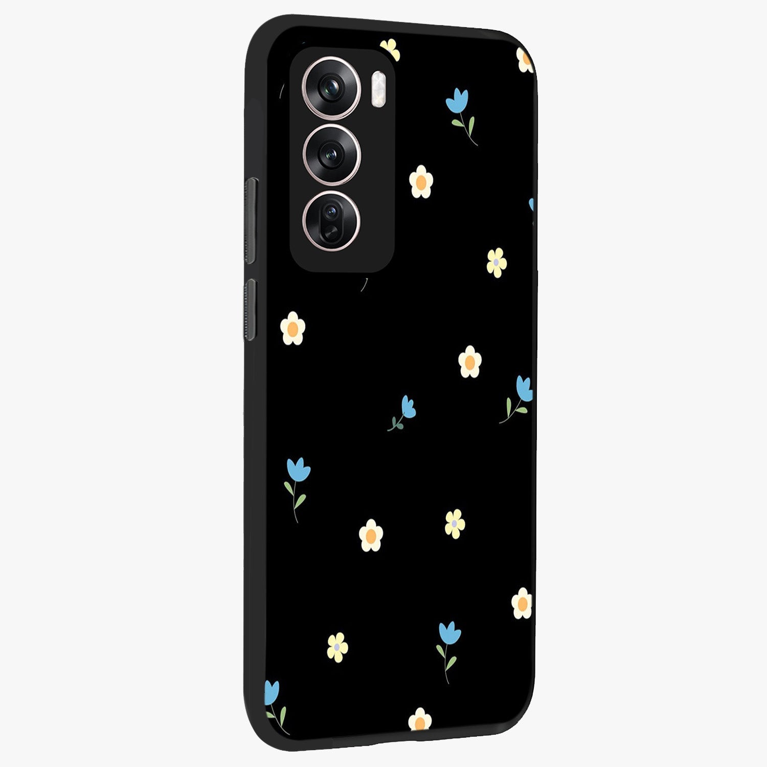 Minimal Petal Whispers Glass Case upright view showcasing elegant floral artwork with modern minimalist style.