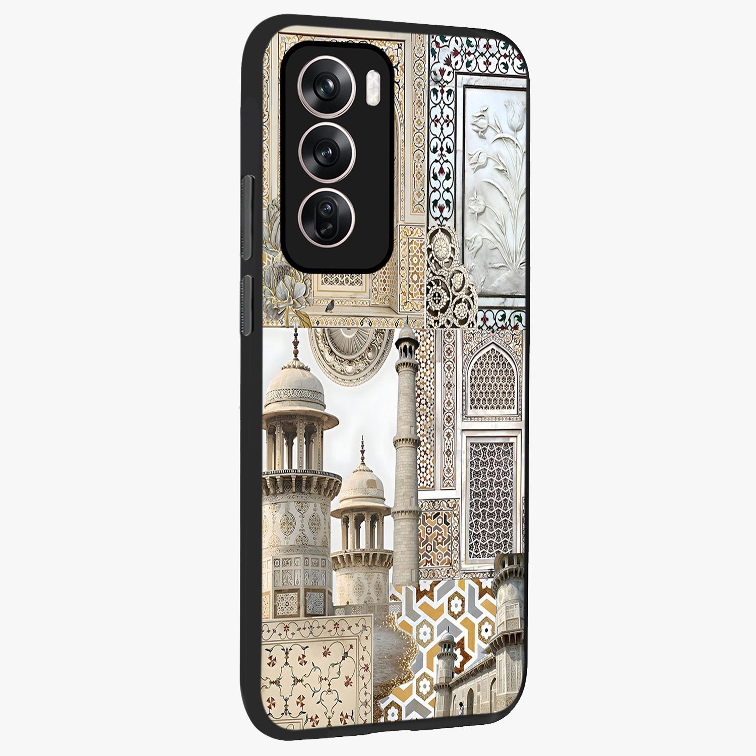 Mughal Marble Legacy Glass Case upright view showcasing ornate Mughal design with luxurious traditional theme.
