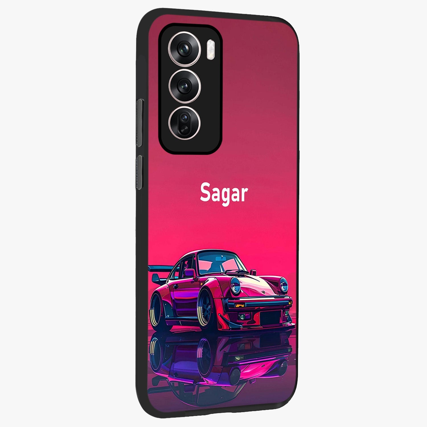 Neon Pink Porsche Glass Case upright view showcasing vibrant sports car artwork with bold automotive theme.