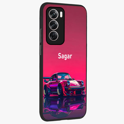 Neon Pink Porsche Glass Case upright view showcasing vibrant sports car artwork with bold automotive theme.