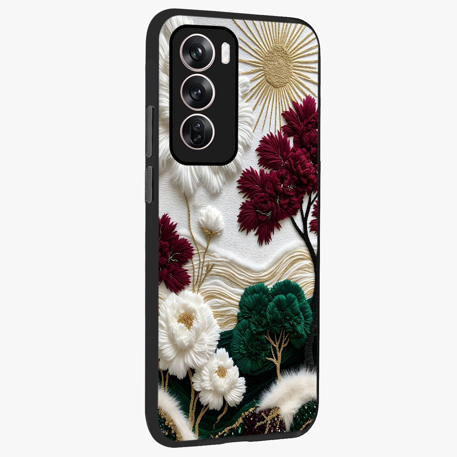 Radiant Bloom Elegance Glass Case upright view showcasing decorative flower artwork with refined botanical theme.