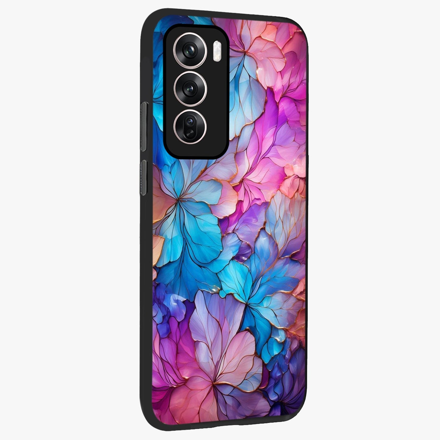 Radiant Floral Whirl Glass Case upright view showcasing lively floral artwork with decorative swirl theme.