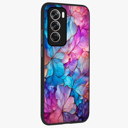 Radiant Floral Whirl Glass Case upright view showcasing lively floral artwork with decorative swirl theme.