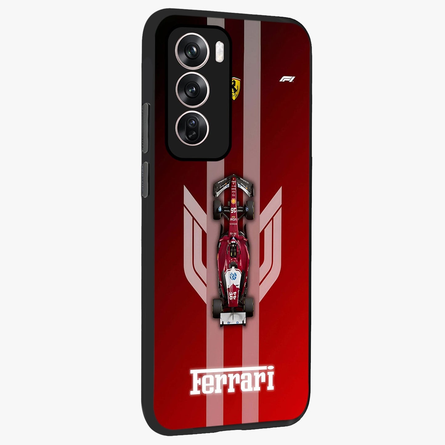 Red Ferrari F1 Vertical Glass Case upright view showcasing powerful Formula car artwork with dynamic motorsport theme.