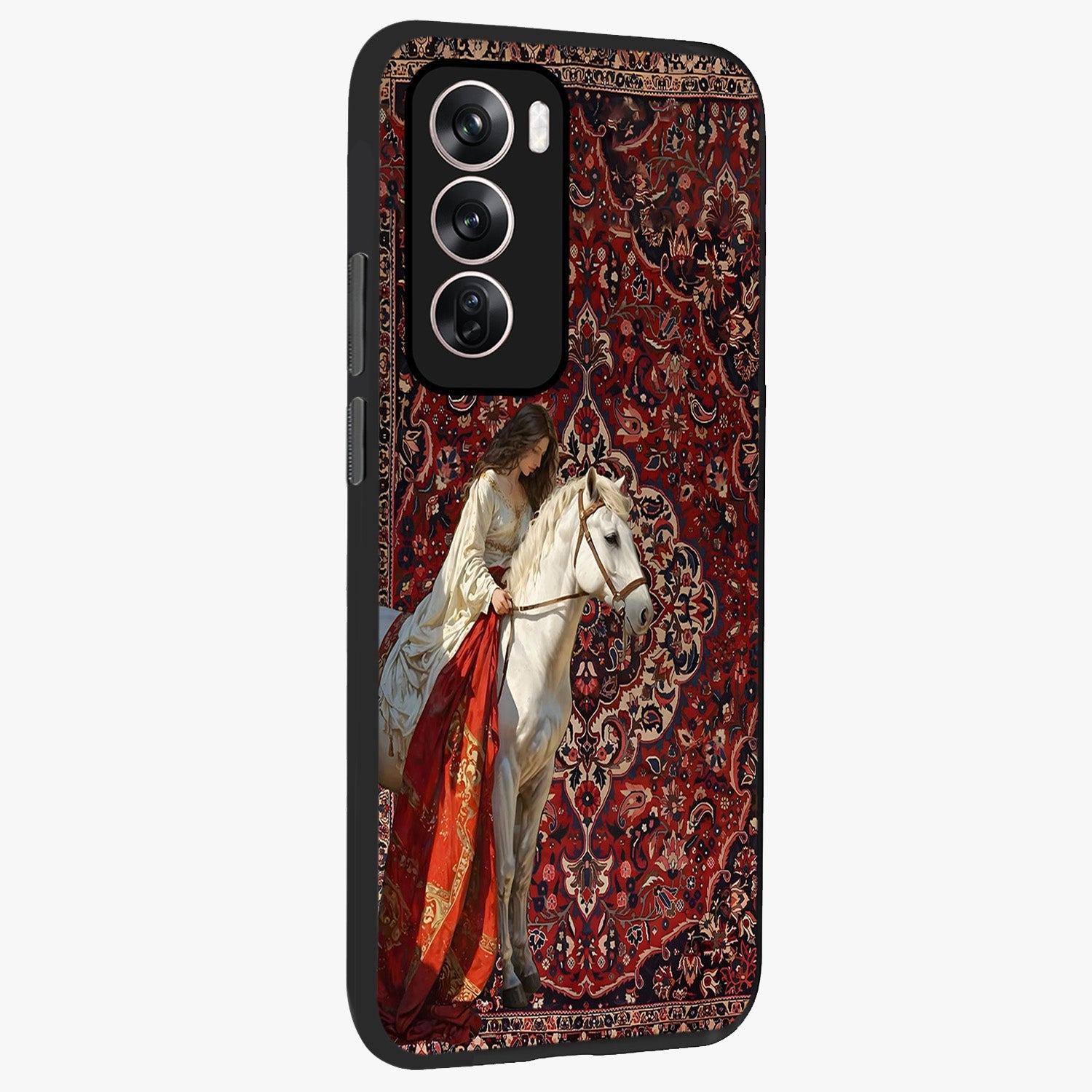 Royal Rider Tapestry Glass Case upright view showcasing detailed rider artwork with classic tapestry theme.