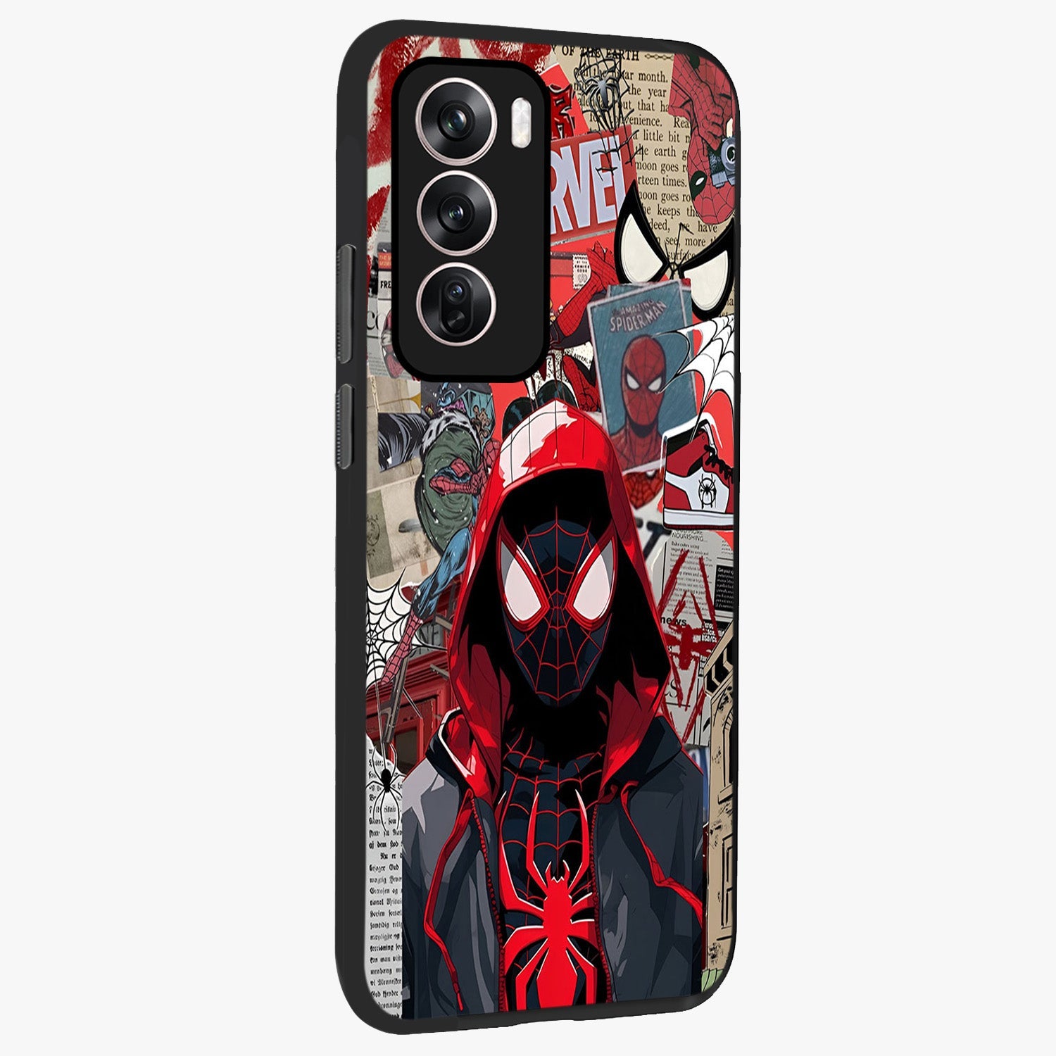 Spider Collage Street Glass Case upright view showcasing bold superhero artwork with urban street theme.