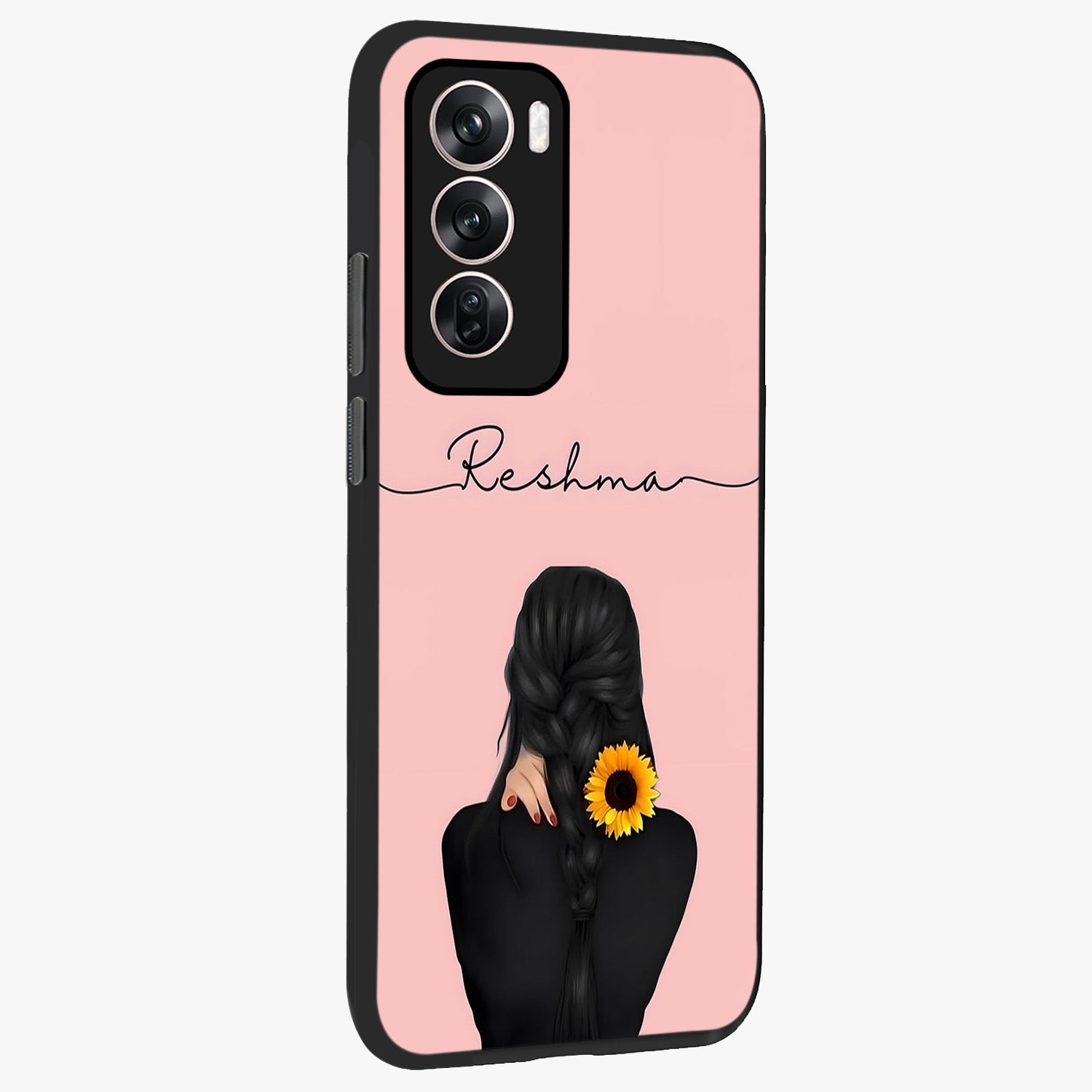 Sunflower Braid Beauty With Custom Name Glass Case upright view showcasing bright sunflower artwork with personalized floral aesthetic.