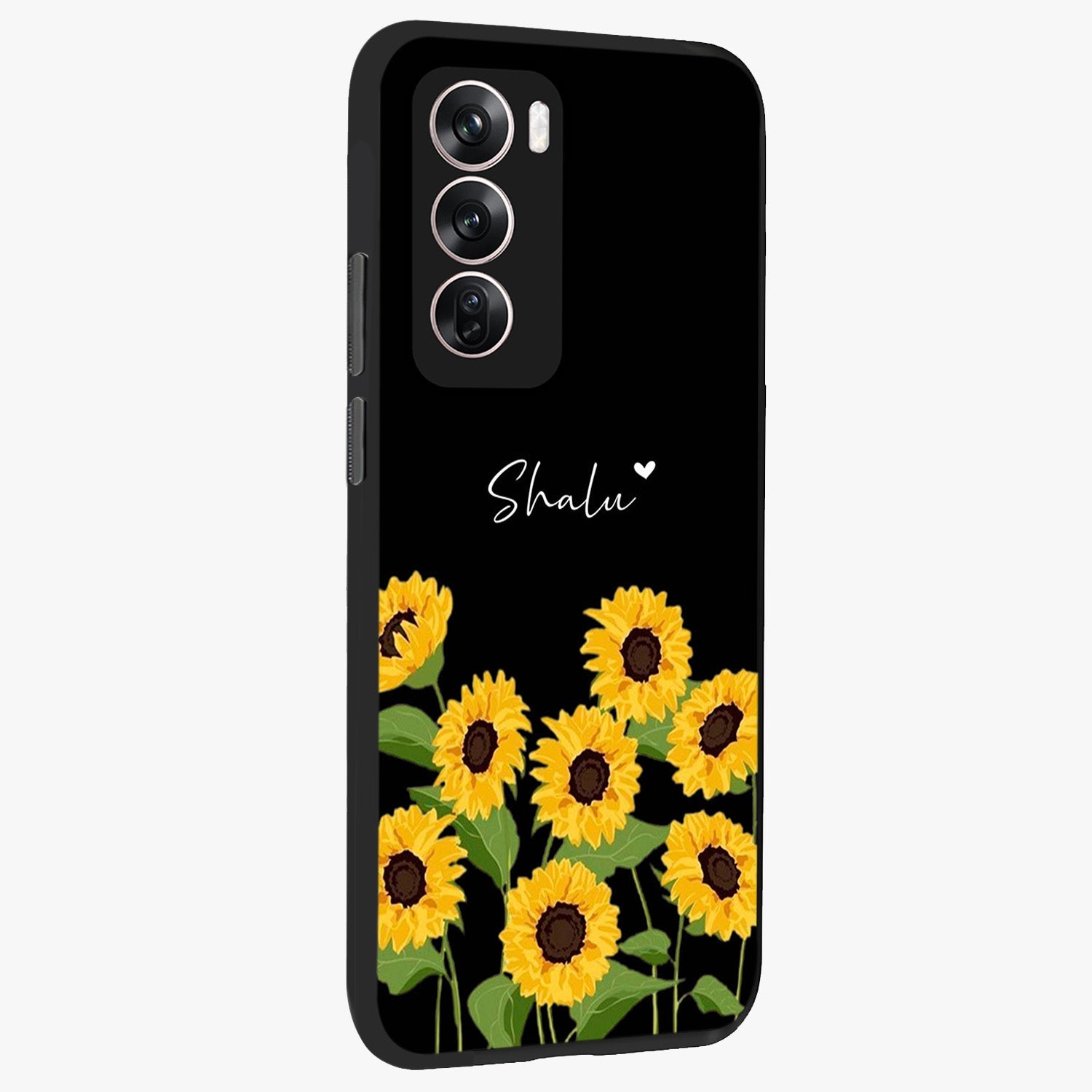 Sunflower Chic Mood Custom Name Glass Case upright view showcasing cheerful sunflower artwork with trendy floral theme.