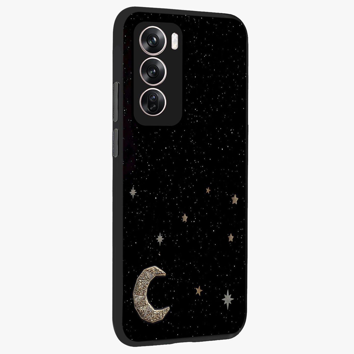 Twinkle Star With Half Moon Glass Case upright view showcasing glowing cosmic artwork with dreamy night theme.