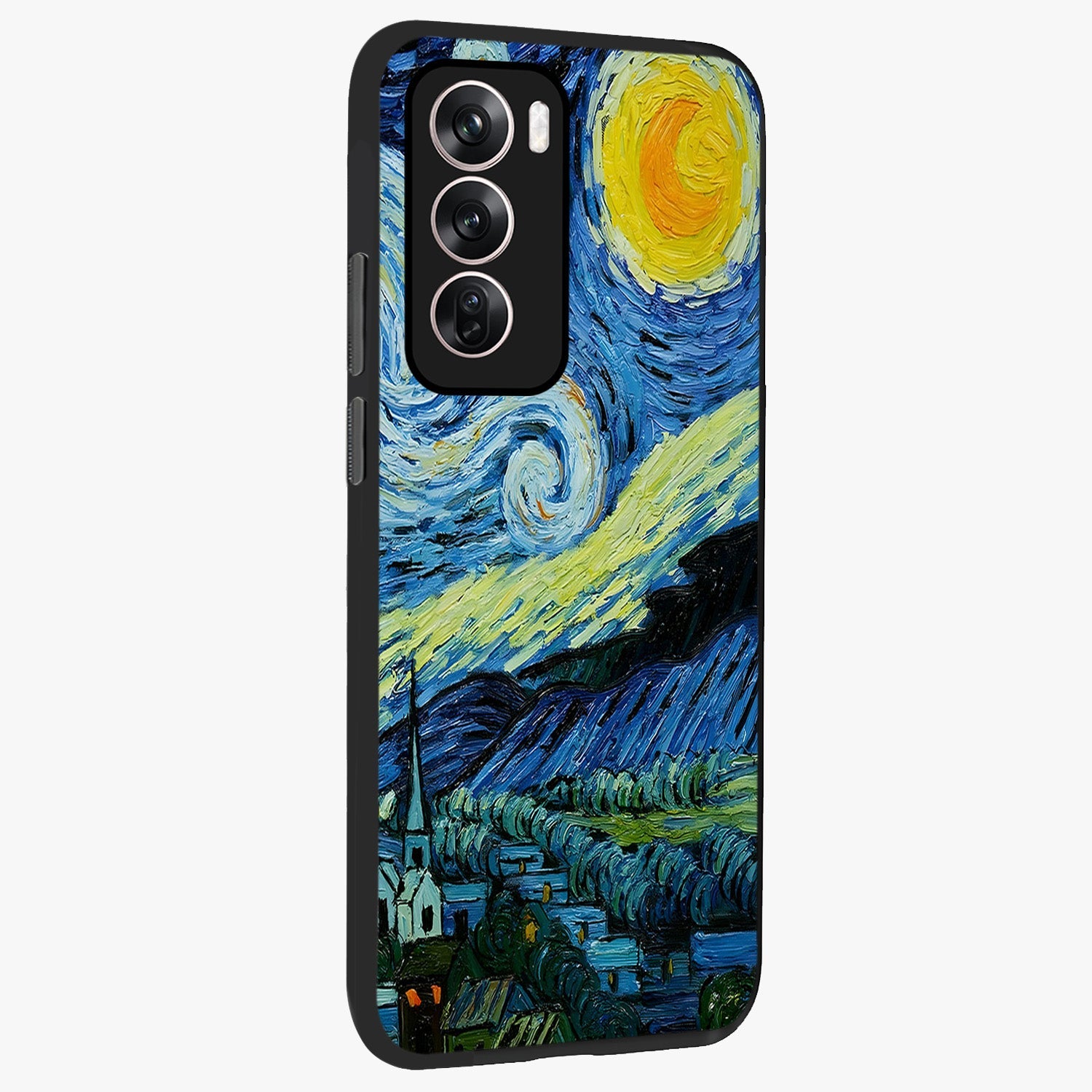 Van Gogh Art Glass Case upright view showcasing expressive painting style artwork with timeless artistic theme.