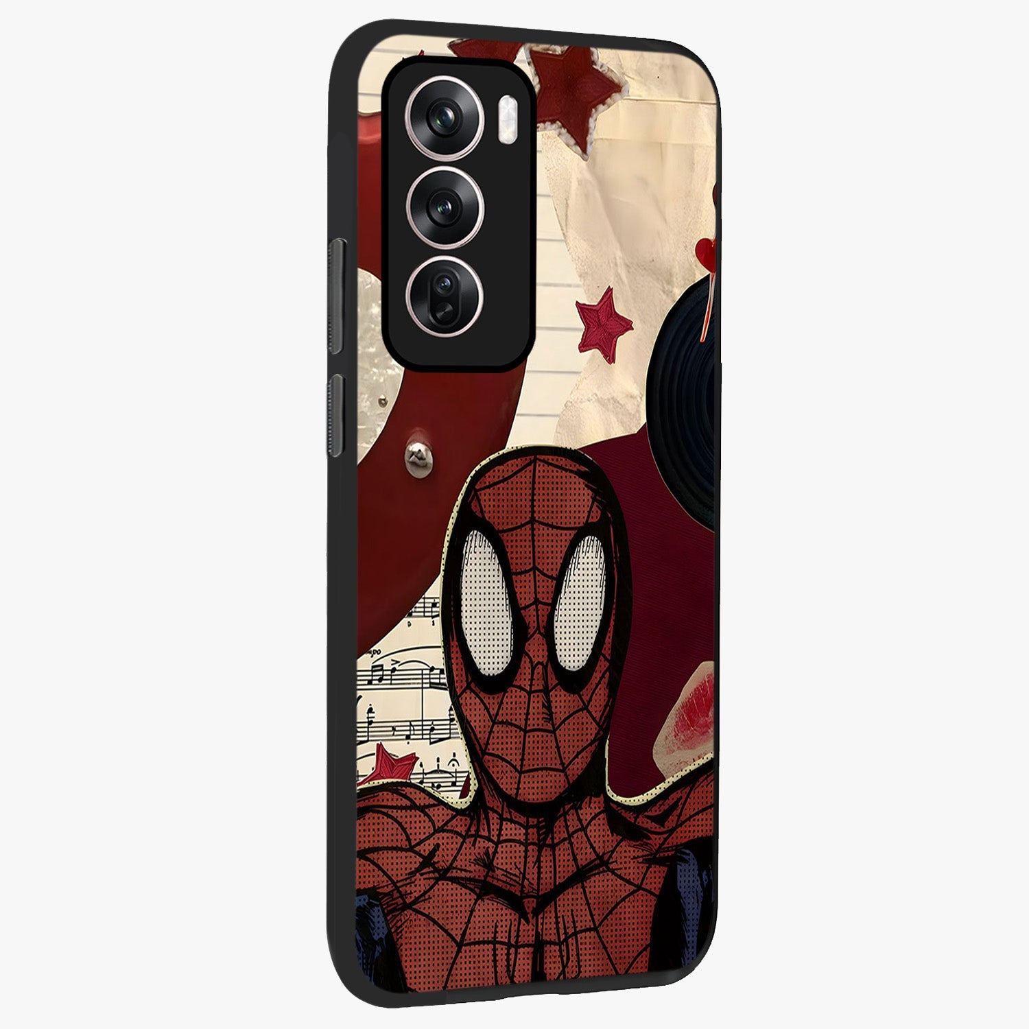 Web Warrior Vibes Glass Case upright view showcasing energetic superhero artwork with bold action theme.