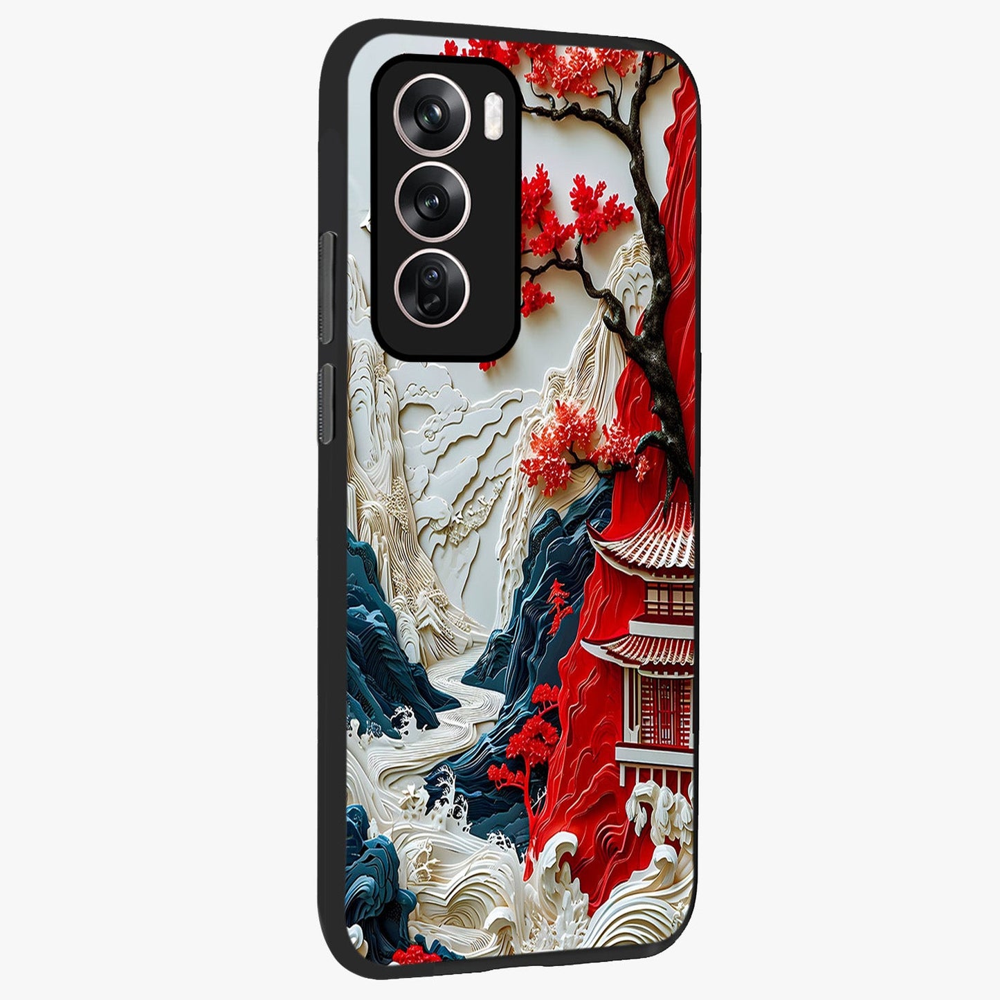 Whispers Of Sakura Waves Glass Case upright view showcasing delicate cherry blossom artwork with elegant nature theme.