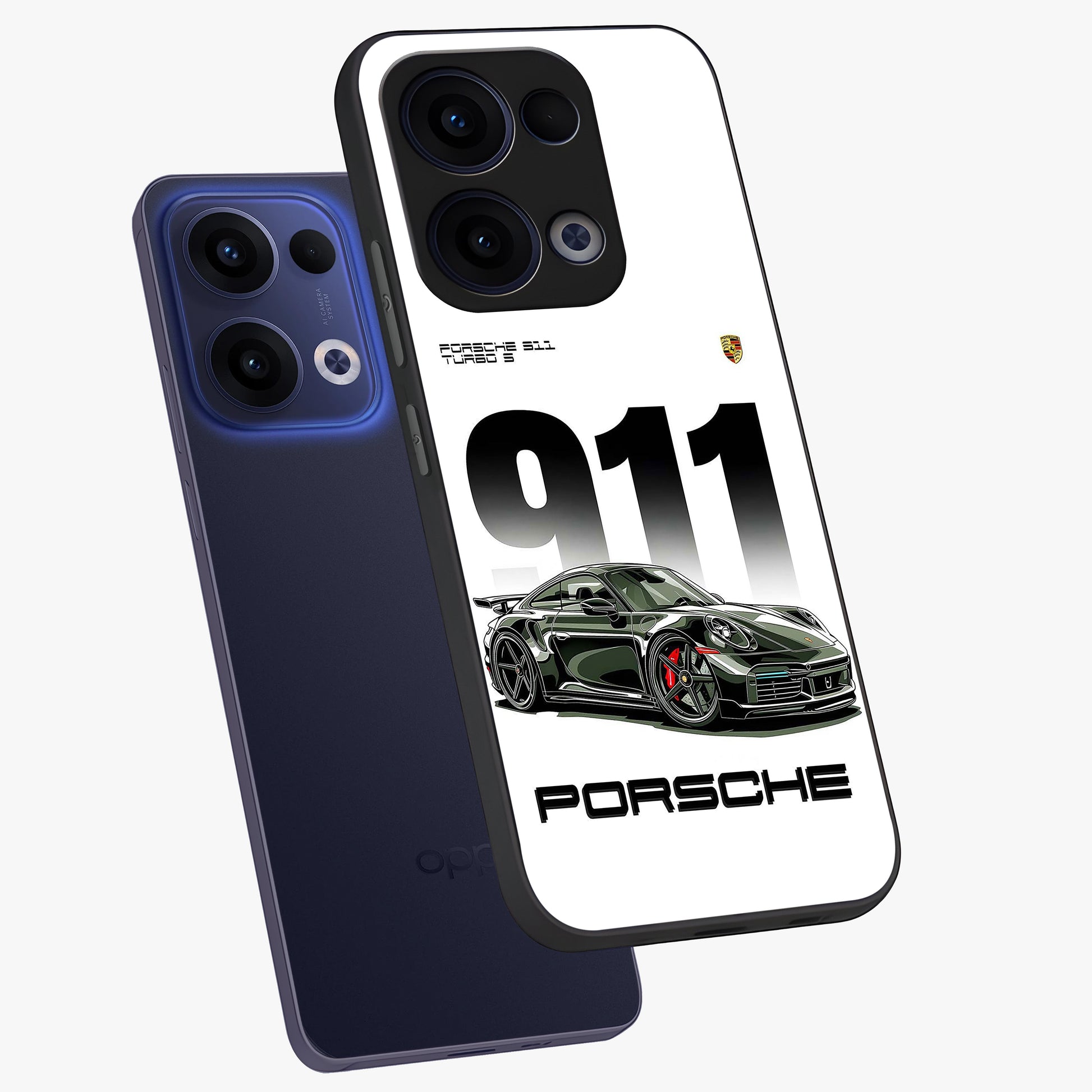 911 Turbo Dominance Glass Case displayed in premium angled mockup highlighting sporty car illustration and sleek glass surface.