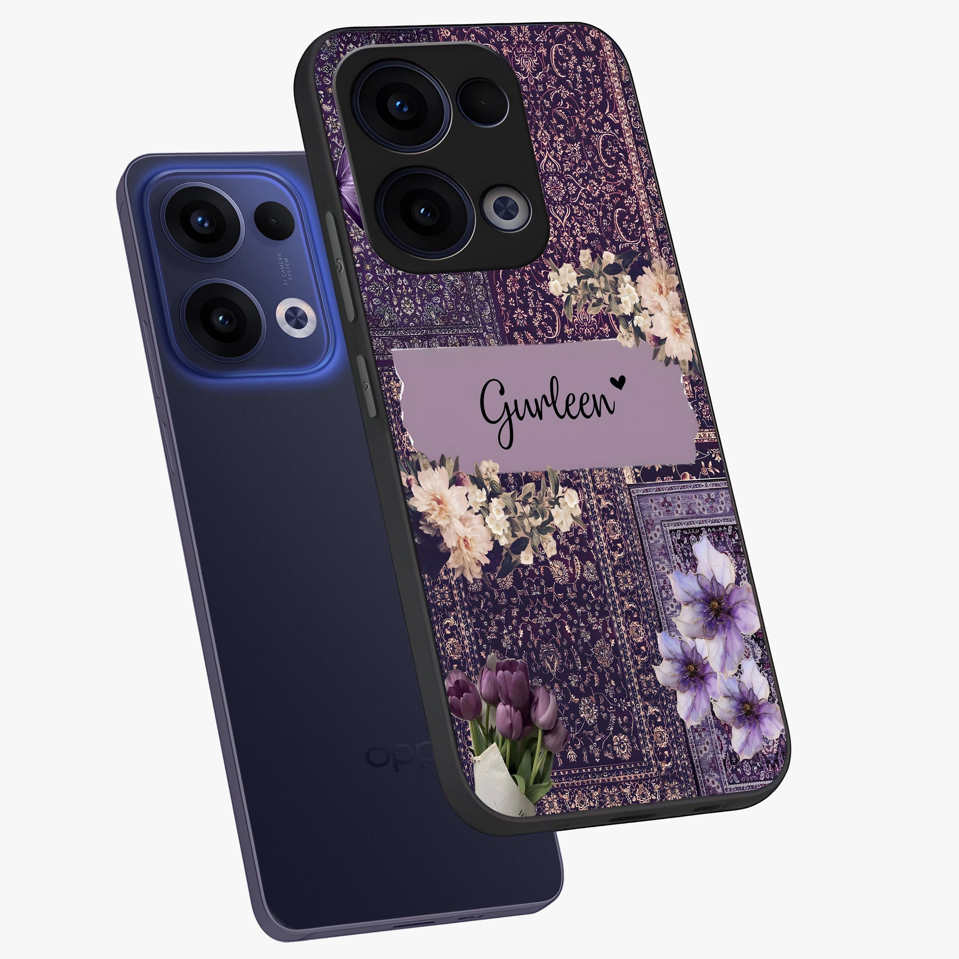Antique Floral Whisper Custom Name Glass Case displayed in angled mockup highlighting elegant antique floral aesthetic.