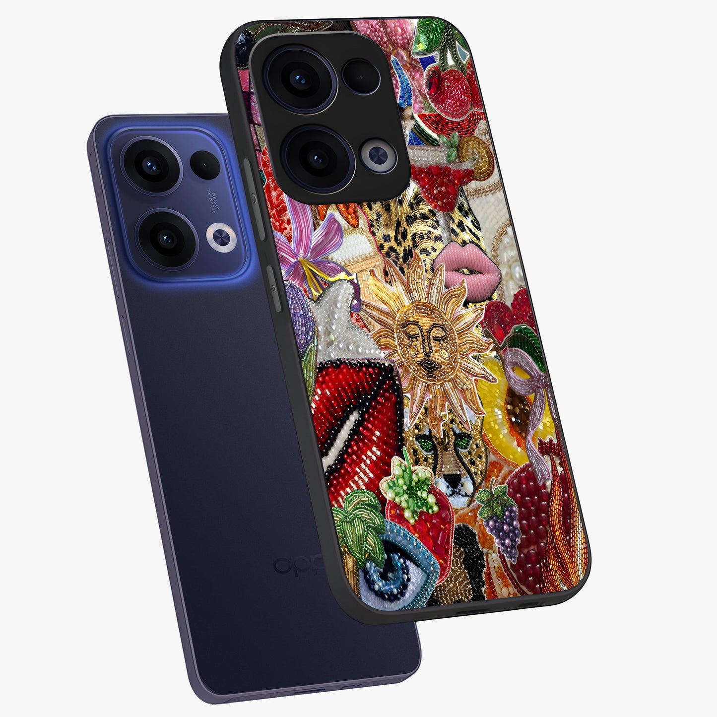 Beaded Fashion Jungle Glass Case displayed in angled mockup highlighting colorful fashion bead design and artistic pattern.