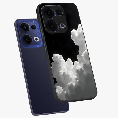 Black Background With White Cloud Glass Case displayed in angled mockup highlighting soft white cloud illustration and minimal design.