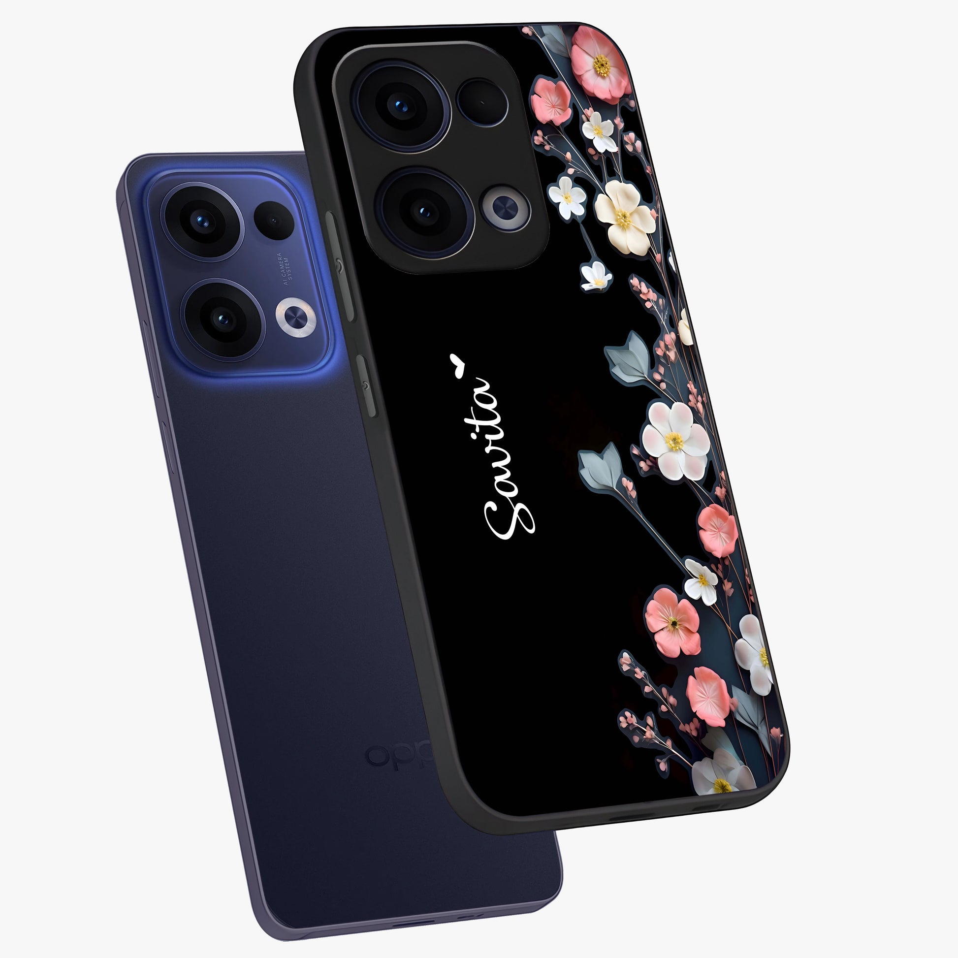 Black Elegance Floral Custom Name Glass Case displayed in angled mockup highlighting dark floral aesthetic and custom name feature.