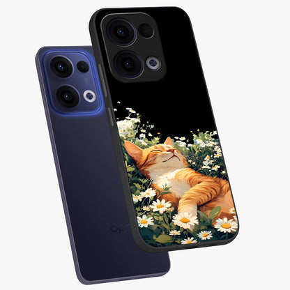 Blissful Bloom Cat Glass Case displayed in angled mockup highlighting playful feline illustration with soft floral aesthetic.