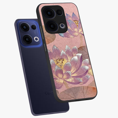 Blossom Mist Lotus Glass Case displayed in angled mockup highlighting delicate lotus illustration with calm aesthetic theme.