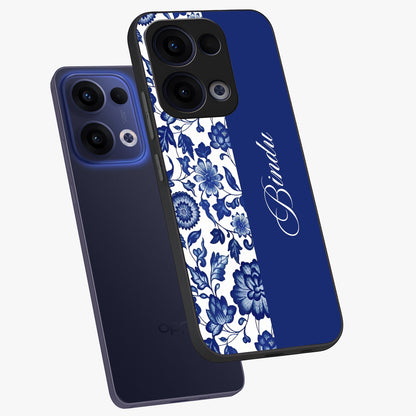 Blue Vintage Floral Pattern Glass Case displayed in angled mockup highlighting subtle bloom pattern with aesthetic pastel design.