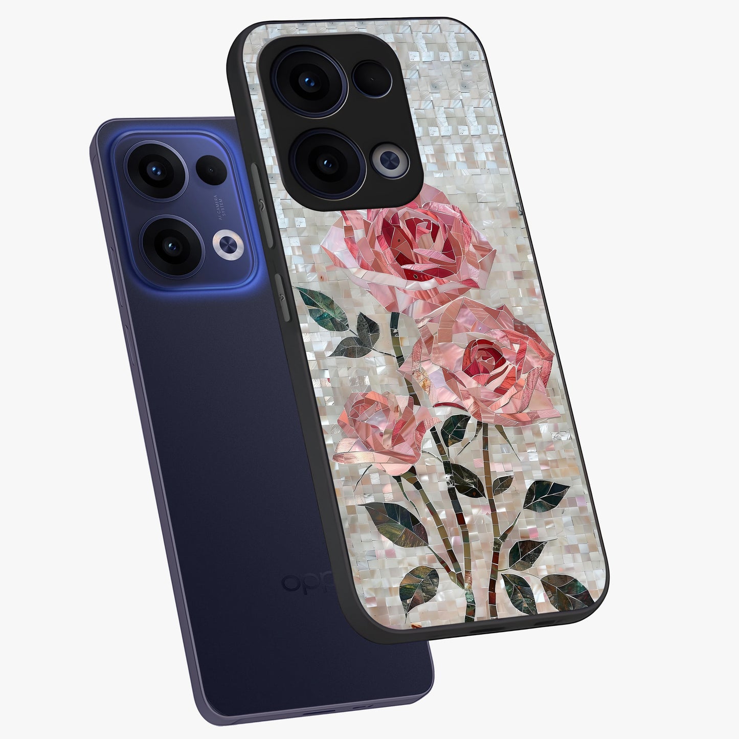 Blush Mosaic Bloom Glass Case displayed in angled mockup highlighting artistic mosaic flower pattern with aesthetic design.