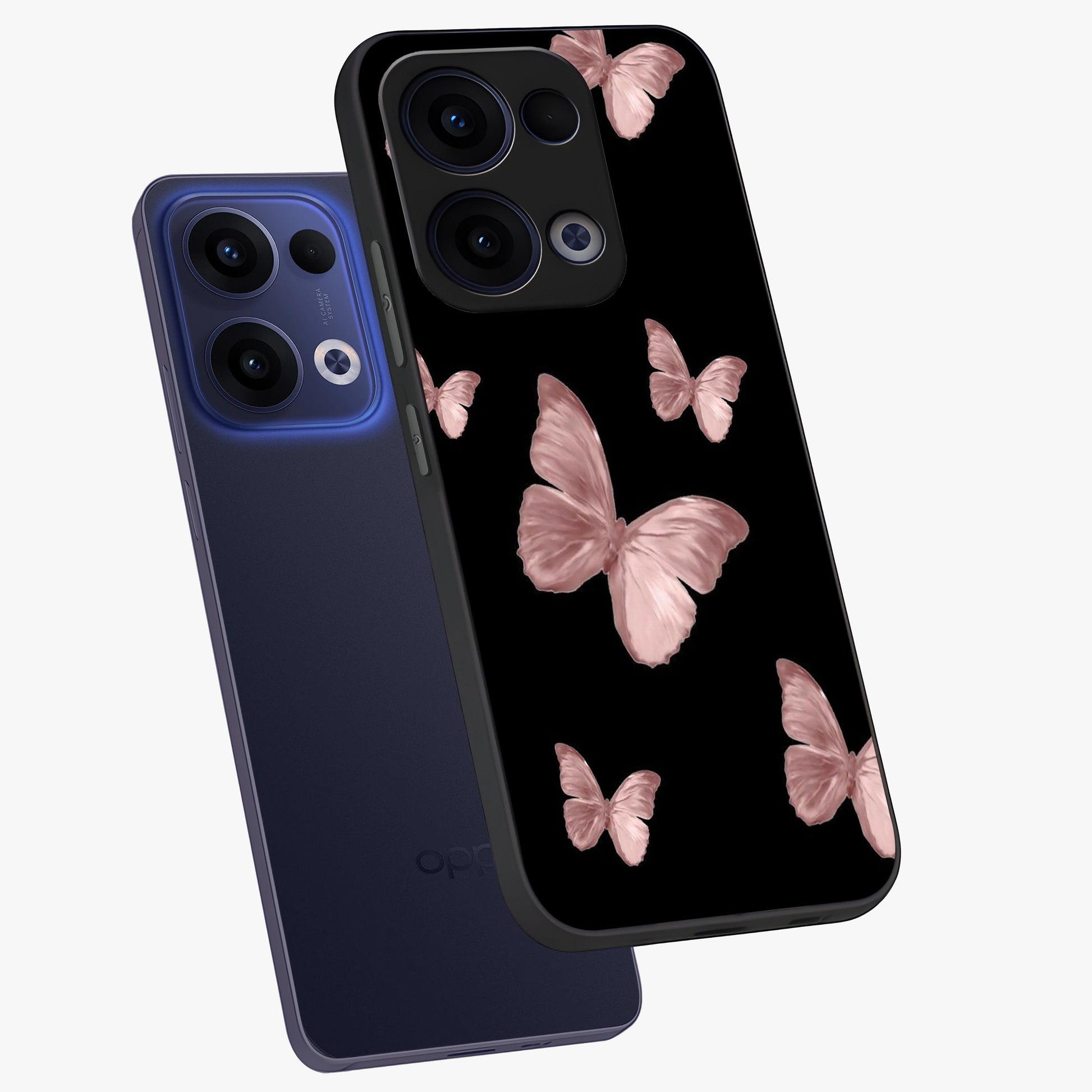 Butterfly Pattern Glass Case displayed in angled mockup highlighting delicate butterfly design and aesthetic pattern style.