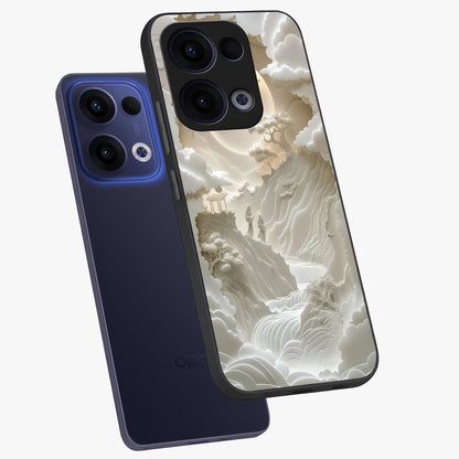 Celestial Origami Glass Case displayed in angled mockup highlighting geometric origami design with cosmic aesthetic theme.