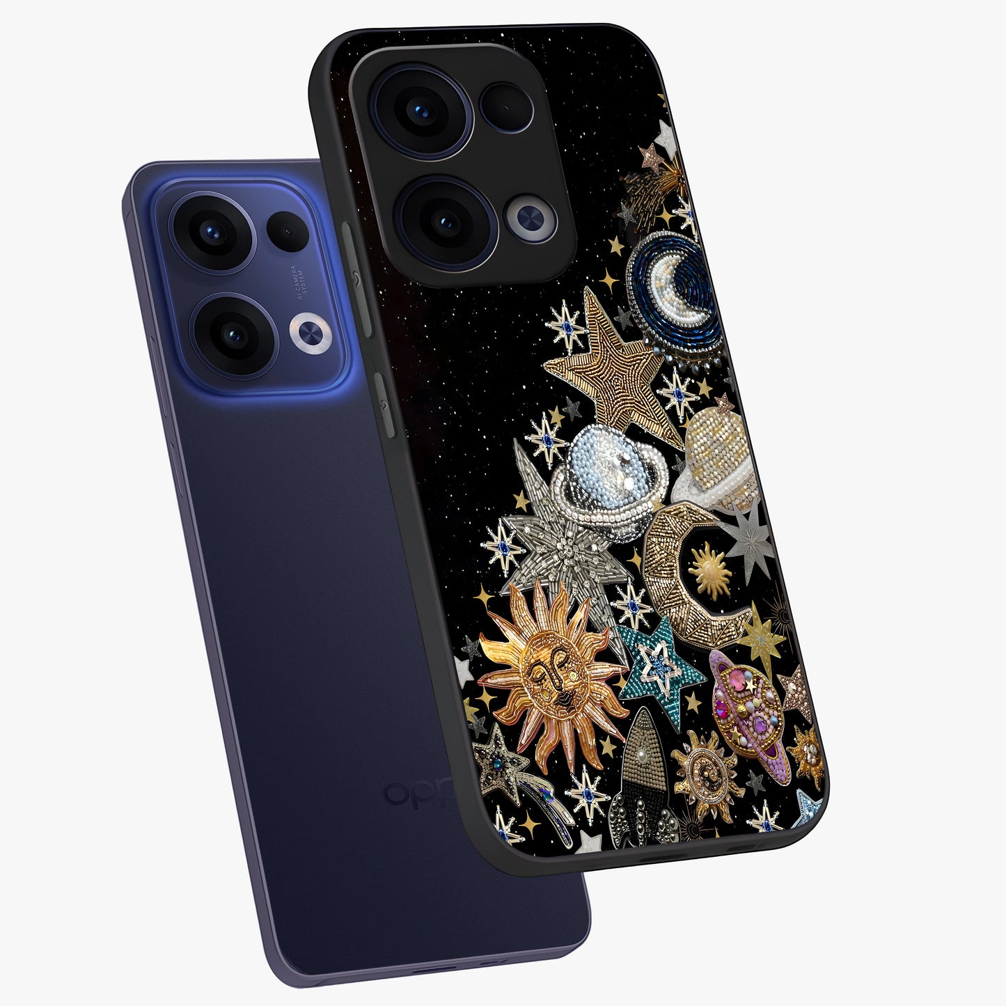 Cosmic Sparkle Dreams Glass Case displayed in angled mockup highlighting dreamy star sparkle design with celestial aesthetic.