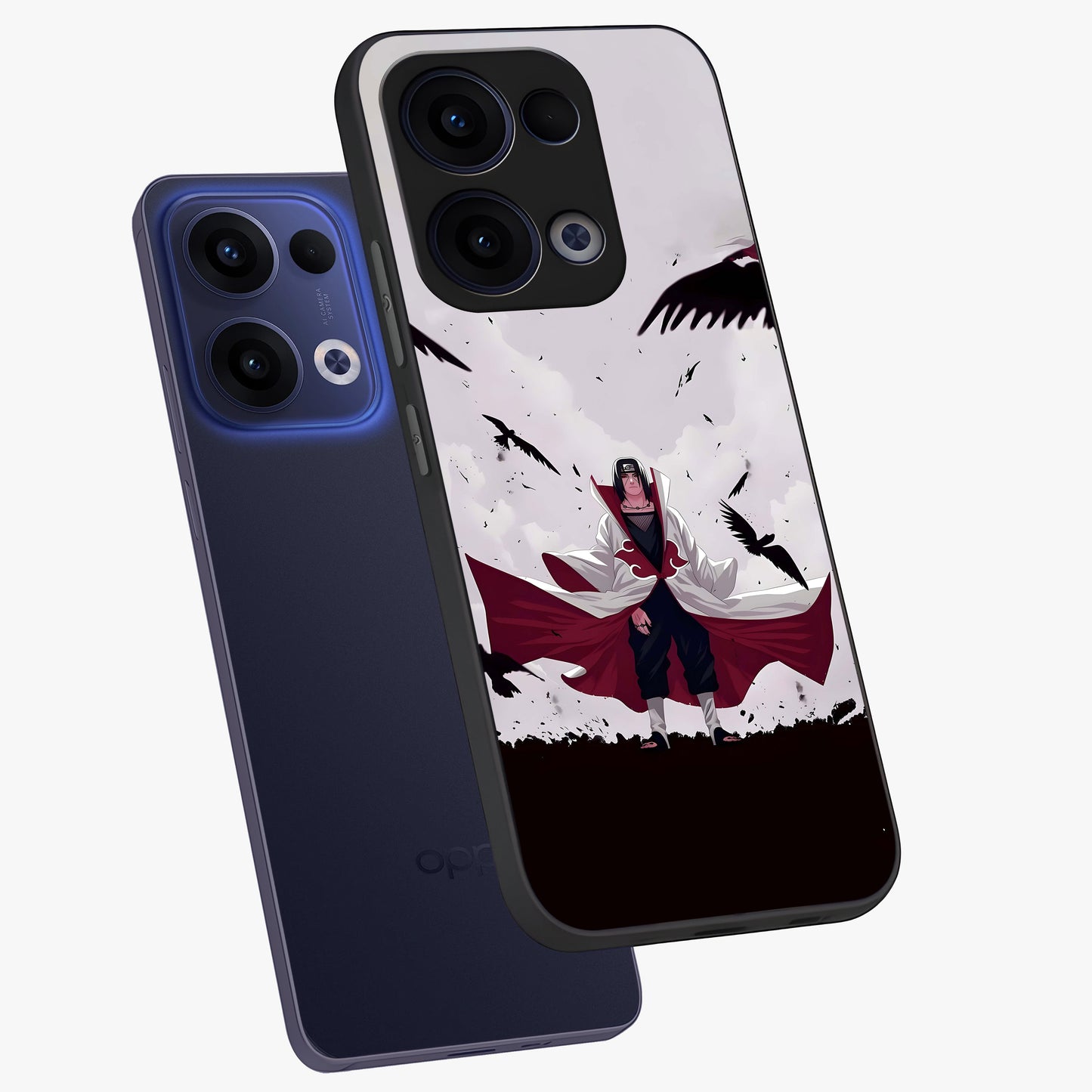 Crimson Crow Ascension Glass Case displayed in angled mockup highlighting powerful crow illustration with dark crimson aesthetic.
