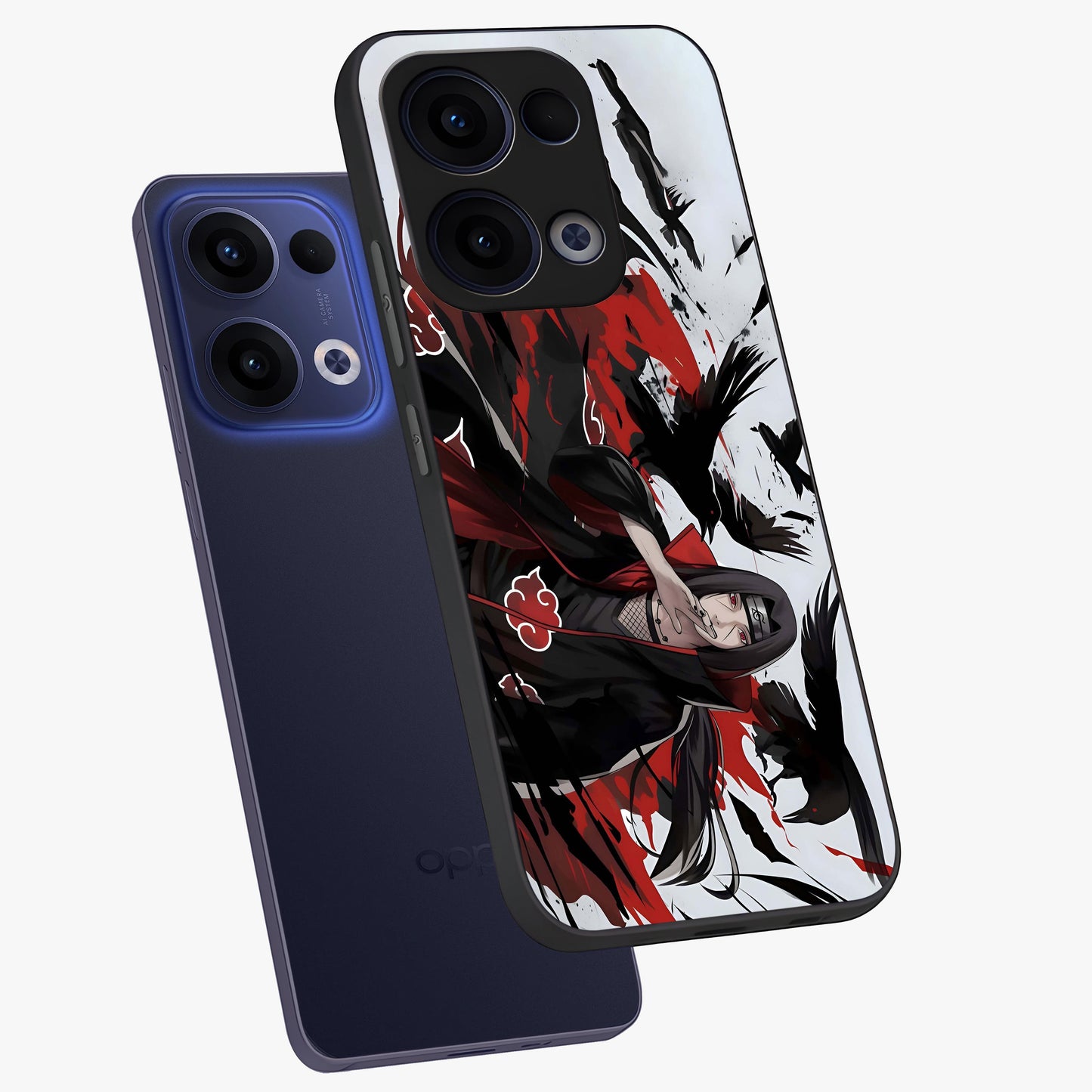 Crimson Crow Illusion Glass Case displayed in angled mockup highlighting mysterious crow graphic with dark aesthetic style.