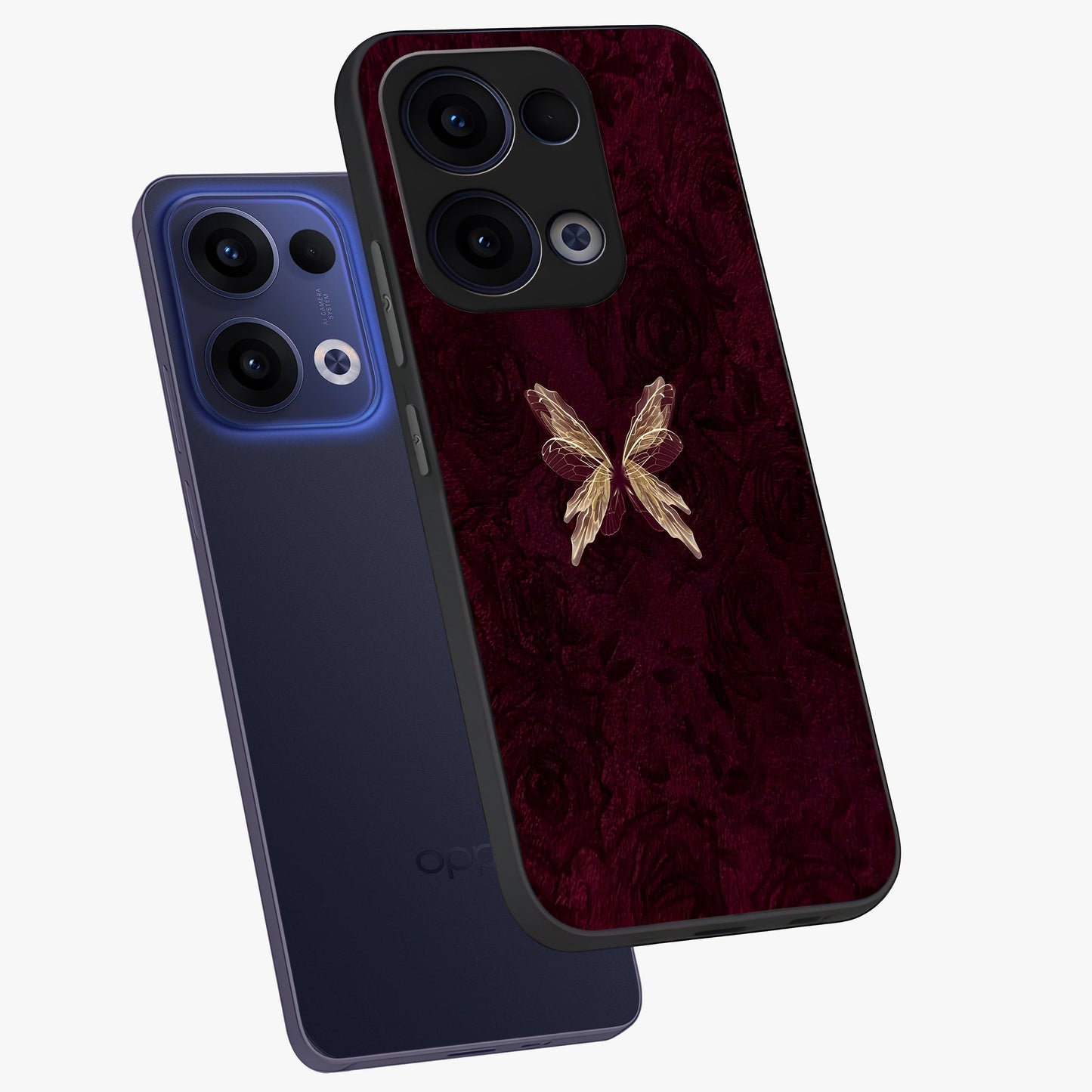 Crimson Fade Butterfly Glass Case displayed in angled mockup highlighting elegant butterfly design with crimson gradient aesthetic.