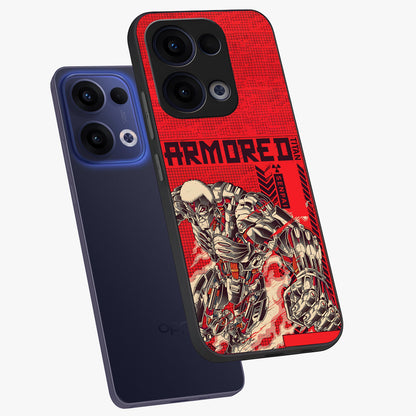 Crimson Mecha Titan Glass Case displayed in angled mockup highlighting futuristic mech illustration with bold crimson aesthetic.