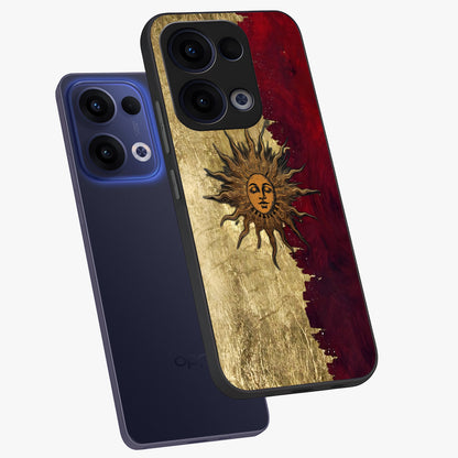 Crimson Sun Majesty Glass Case displayed in angled mockup highlighting majestic crimson sun design with bold aesthetic style.