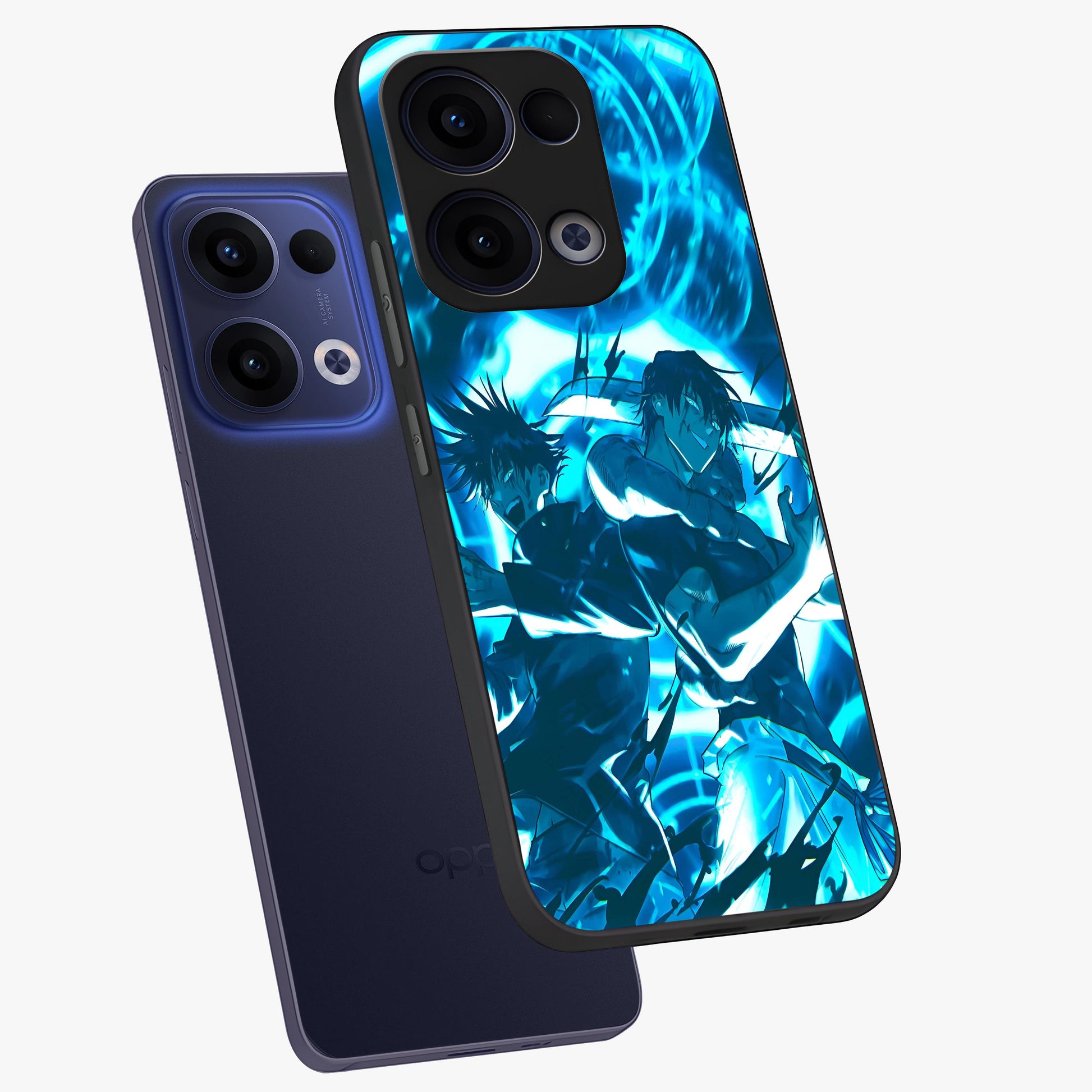 Cursed Energy Clash Glass Case displayed in angled mockup highlighting powerful battle inspired graphic with anime style aesthetic.