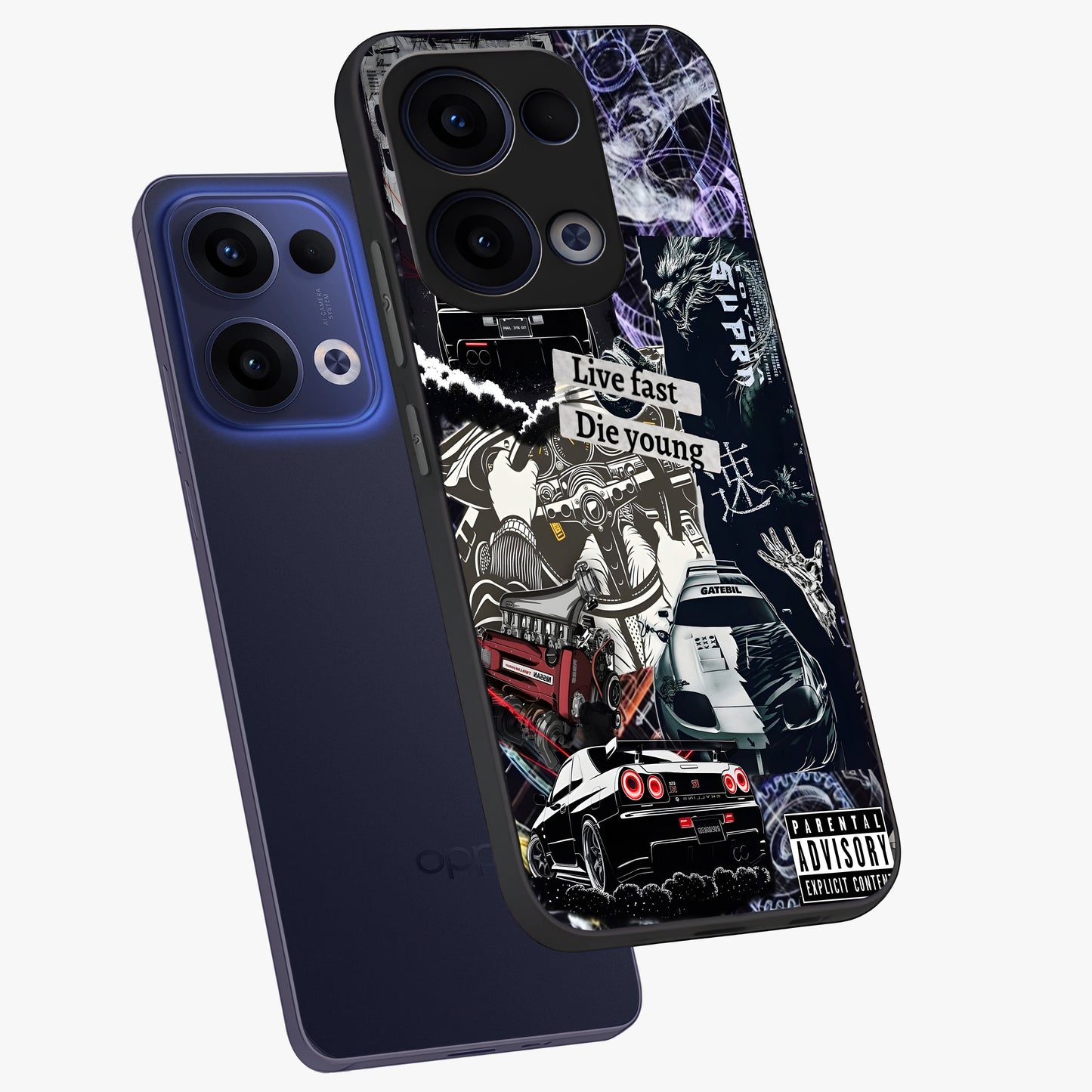 Die Young Glass Case displayed in angled mockup highlighting expressive graphic artwork with edgy aesthetic style.